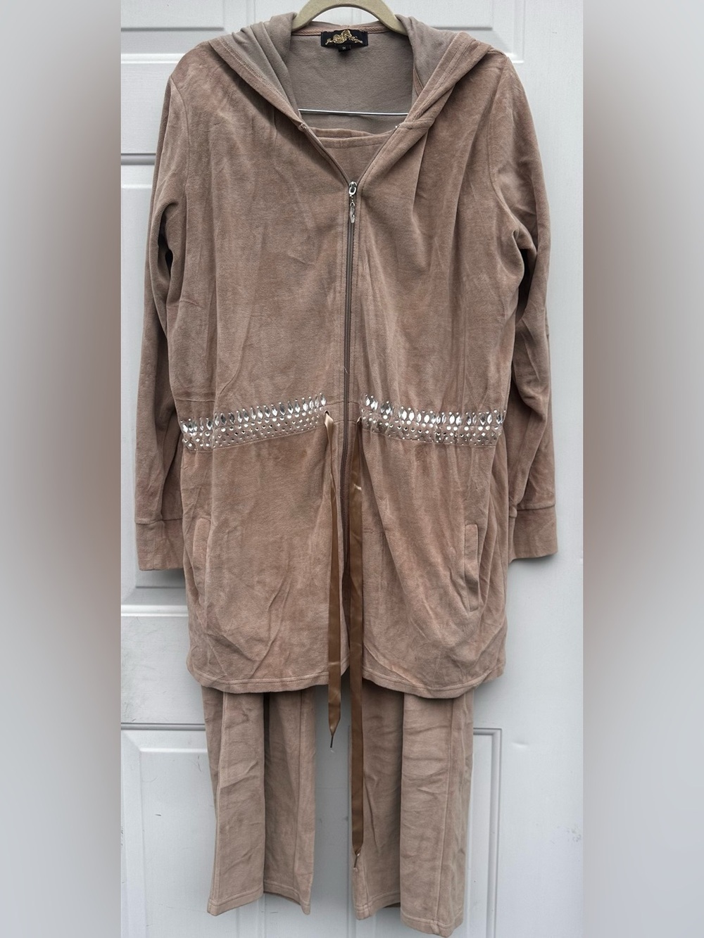 2 Piece Embellished Hooded Jacket and Pants Velour Suit  in Taupe